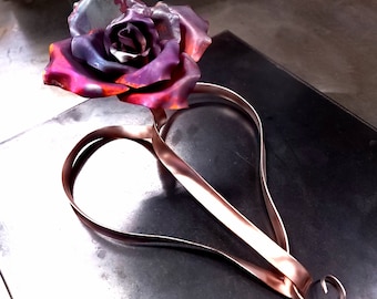 Handcrafted Copper Rose Ribbon Heart #1787e Artisan Metal Flower Sculpture Romantic 7th Anniversary Tabletop Home Decor