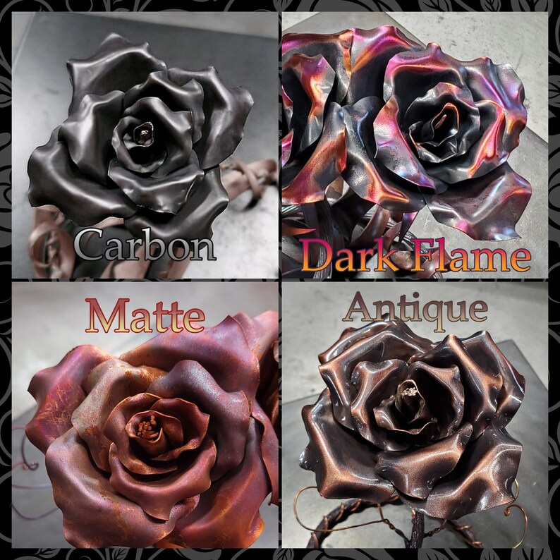 May include: Four metal roses in different finishes: carbon, dark flame, matte, and antique. Each rose is crafted with intricate details and a realistic appearance.