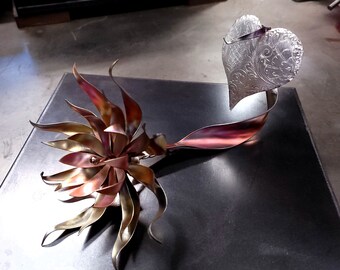 Solid Copper Flower Desire #1655e Handcrafted Mixed Metal Sculpture Silver Plated Heart 7th Anniversary Gift Modern Industrial Art