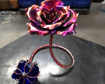 Handcrafted Copper Infinity Rose Sculpture #1989 Wire Wrapped Raw Crystal Freestanding Metal Floral Art 7th Anniversary Romantic Decor