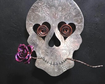 Sugar Skull Metal Wall Art (Comedy) #1632 Handcrafted Upcycled Silver Plate Copper Calavera Sculpture