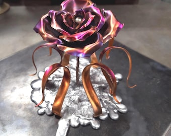 Handcrafted Splash of Love Copper Rose Sculpture #1745 Freestanding Metal Flower Art 7th Anniversary Gift Romantic Tabletop Keepsake