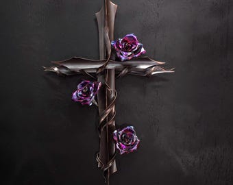 Copper Serenity Cross with Roses - Metal Wall Art Artisan Bespoke Gift