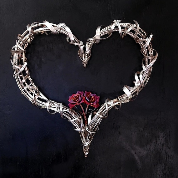 Large Metal Wall Art Heart "Passion of Love" #1928 Silver Copper Rose Home Decor Anniversary Valentines Mothers Christmas Romantic Gift VTG