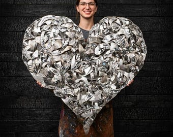 Upcycled Mixed Metal Heart Wall Art #1929 Tapestry of Love Vintage Silver Plate Mosaic Sculpture Large Statement Art
