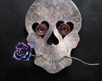 Gothic Sugar Skull Metal Wall Art (Comedy) #1632e Upcycled Vintage Silver Plate Steampunk Calavera Decor
