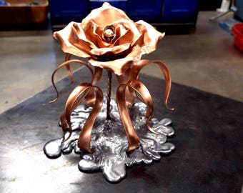 Handcrafted Splash of Love Copper Rose Sculpture #1745 Freestanding Metal Flower Art 7th Anniversary Gift Romantic Tabletop Keepsake