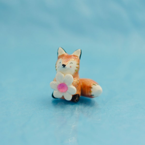 Rose gemstone flower ceramic fox figurine, clay fox art, ceramic fox figurine, ceramic animal, clay animal, October birthstone