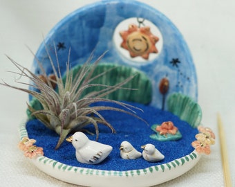 Air plant ceramic mama duck mini Zen Garden / Miniature Zen Garden / one of a kind / animal plant holder / Sand Art