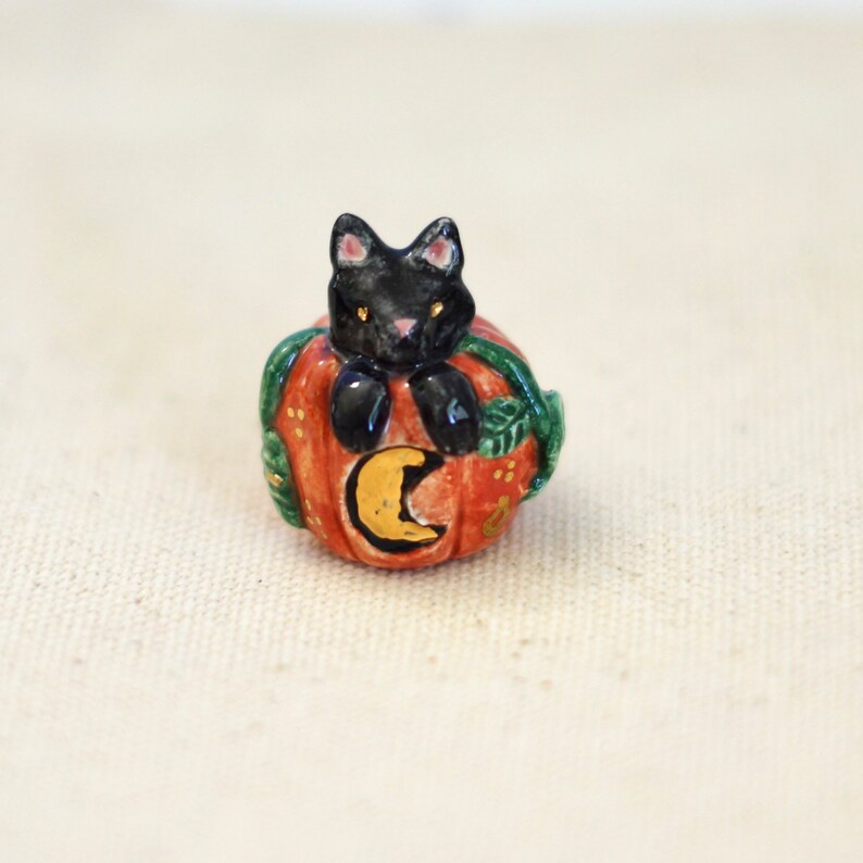Peek a boo ceramic Pumpkin black cat figurine, cat figurine animal