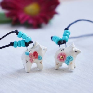 Ceramic flower bear Necklace, Miniature bear, bear jewelry, ceramic bear,  Boho Jewelry, ceramic animal jewelry, cotton cord necklace