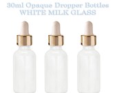 6 White MILK GLASS 30ml Bottles w Metallic Gold White Dropper 1 Oz LUXURY Cosmetic Skincare Packaging, Serum Essential Oil (Not Painted)