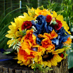 SALE Wedding Bouquet, Ready to Ship Sunflower Bridal Bouquet, Silk Wedding Flowers, Red Yellow Blue Bouquet, Vintage Wedding, Wedding Bride image 1