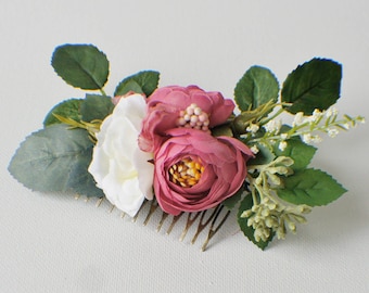 Wedding Hair Comb, Bridal Comb, Floral Hair Comb, Wedding Comb, Boho Flower Comb, Boho, Hair Comb, Mauve Crown, Greenery, White