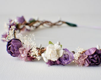 Bridal Headpiece Plum and Lavender Flower Crown Wedding Flower Crown Gold Head Wreath Wedding Hair Crown Boho Burgundy Rose Hair Garland