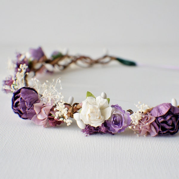 Bridal Headpiece Plum and Lavender Flower Crown Wedding Flower Crown Gold Head Wreath Wedding Hair Crown Boho Burgundy Rose Hair Garland