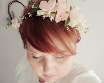 Boho Hair Crown, Bridal Flower Crown, Woodland Wedding Head Piece, Ivory and Pink Flower Crown, Bridal Headpiece, Rustic Crown, Photo Prop