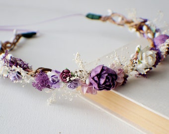 Bridal Headpiece Plum and Lavender Flower Crown Wedding Flower Crown Gold Head Wreath Wedding Hair Crown Boho Burgundy Rose Hair Garland