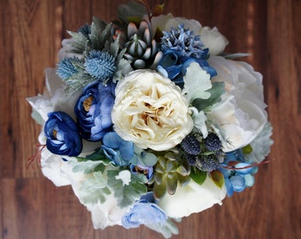 Boho Wedding Bouquet, White and Blue Bouquet, Succulent Bouquet, Silk Wedding Flowers, Summer Wedding, Beach Wedding, Bridesmaid