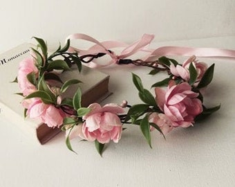 Boho Hair Crown, Bridal Flower Crown, Woodland Wedding Head Piece, Ivory and Pink Flower Crown, Bridal Headpiece, Rustic Crown, Photo Prop