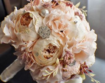 Peony Bridal Bouquet, Silk Wedding Flowers, Brooch Bouquet, Champagne Wedding Flowers, Vintage Wedding, Shabby Chic Wedding Bride Bridesmade
