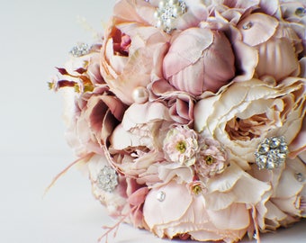 Peony Bridal Bouquet, Silk Wedding Flowers, Brooch Bouquet, Champagne Wedding Flowers, Vintage Wedding, Shabby Chic Wedding Bride Bridesmade