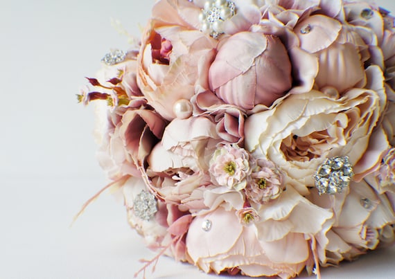 Peony Bridal Bouquet, Silk Wedding Flowers, Brooch Bouquet