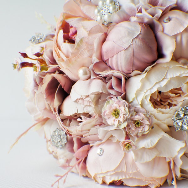 Peony Bridal Bouquet, Silk Wedding Flowers, Brooch Bouquet, Champagne Wedding Flowers, Vintage Wedding, Shabby Chic Wedding Bride Bridesmade