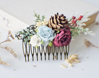 Wedding Hair Comb, Pine Cone Hair Comb, Champagne crown, Burgundy Bridal hair, Floral hair pin, Wedding Hair Comb Bridal Comb, Floral Comb