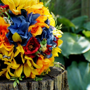 SALE Wedding Bouquet, Ready to Ship Sunflower Bridal Bouquet, Silk Wedding Flowers, Red Yellow Blue Bouquet, Vintage Wedding, Wedding Bride image 5