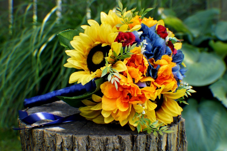 SALE Wedding Bouquet, Ready to Ship Sunflower Bridal Bouquet, Silk Wedding Flowers, Red Yellow Blue Bouquet, Vintage Wedding, Wedding Bride image 2