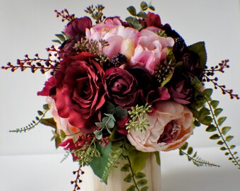 Peony Bridal Bouquet, Silk Wedding Flowers, Blush Wedding Flowers, Marsala Red Bouquet Rustic Wedding Shabby Chic Wedding, Bride BridesmaIde