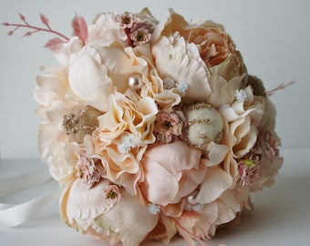 Peony Bridal Bouquet, Silk Wedding Flowers, Champagne Wedding Flowers, Vintage Wedding, Rustic Wedding Shabby Chic Wedding, Bride Bridesmade