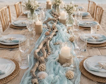 Beach Wedding Table Runner, Coastal Wedding Decor, Cheesecloth Centerpiece Runner, Seaside Reception Tablescape, Ocean Theme Wedding Decor