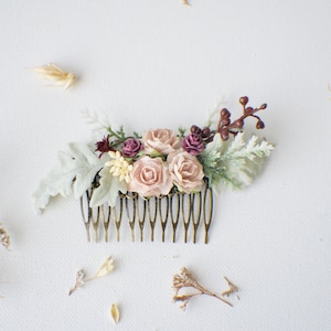 Wedding Hair Comb, Eucalyptus Hair Comb, Champagne crown, Burgundy Bridal hair, Floral hair pin, Wedding Hair Comb Bridal Comb, Floral Comb