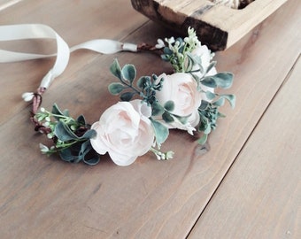 Boho Hair Crown, Bridal Flower Crown, Woodland Wedding Head Piece, Ranunculus Eucalyptus Flower Crown, Bridal Headpiece, Rustic Crown