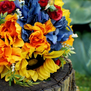 SALE Wedding Bouquet, Ready to Ship Sunflower Bridal Bouquet, Silk Wedding Flowers, Red Yellow Blue Bouquet, Vintage Wedding, Wedding Bride image 4