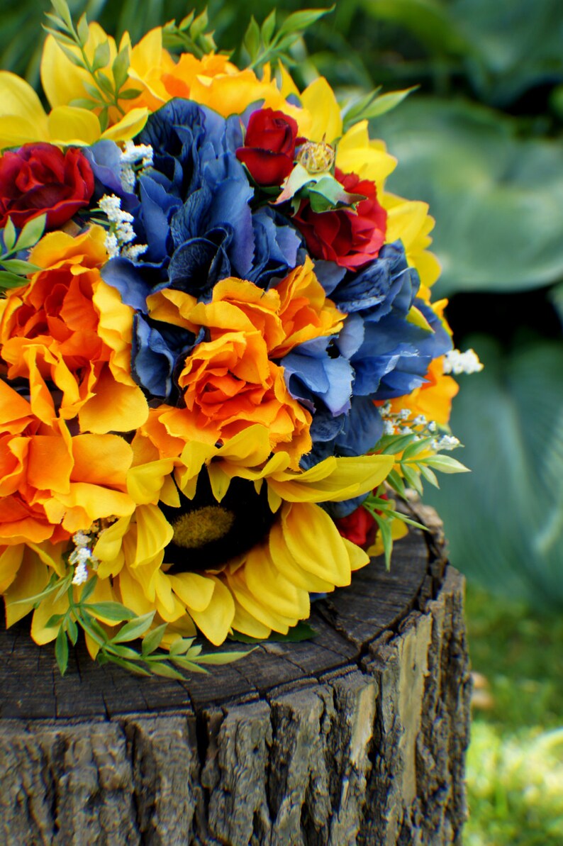 SALE Wedding Bouquet, Ready to Ship Sunflower Bridal Bouquet, Silk Wedding Flowers, Red Yellow Blue Bouquet, Vintage Wedding, Wedding Bride image 4