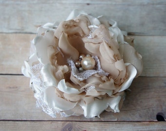 Bridal Silk Flower Hair Clip, Sash Pin, Wedding hair flower, Fabric Flower, Champagne and Ivory,  rhinestones pearls lace rose peony