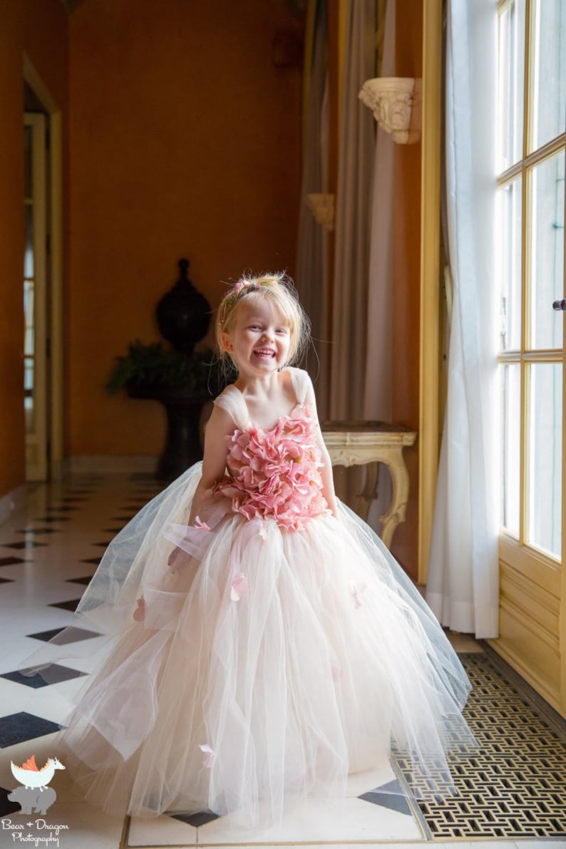 Pink Champagne tutu dress hydrangea top toddler tutu dress Cascading flowers flower top Flower girl dress Pink Champagne Dress