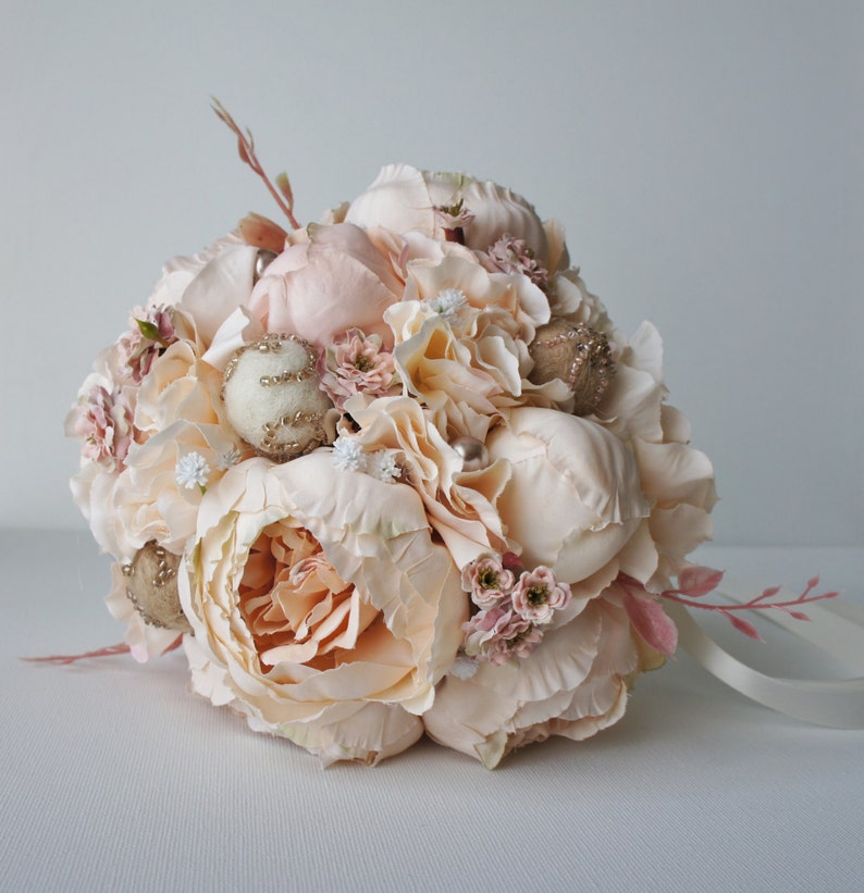 Peony Bridal Bouquet, Silk Wedding Flowers, Champagne Wedding Flowers, Vintage Wedding, Rustic Wedding Shabby Chic Wedding, Bride Bridesmade image 3