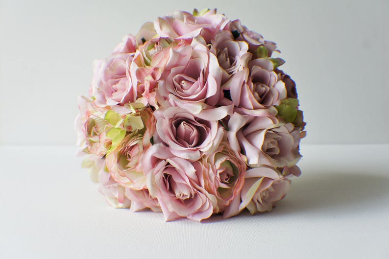READY TO SHIP Silk Bride Bouquet, Rose Bouquet, Pink, Green Roses, Hydrangeas, Shabby Chic Vintage, Keepsake Bouquet Bridesmaid Bouquet image 1