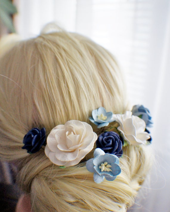 Navy Blue Small Hair Flower Pins White Wedding Off White Etsy