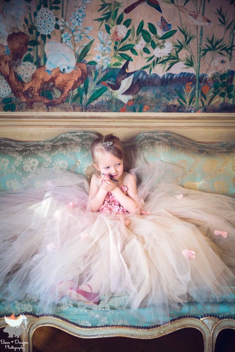 Pink Champagne tutu dress hydrangea top toddler tutu dress Cascading flowers flower top Flower girl dress Pink Champagne Dress