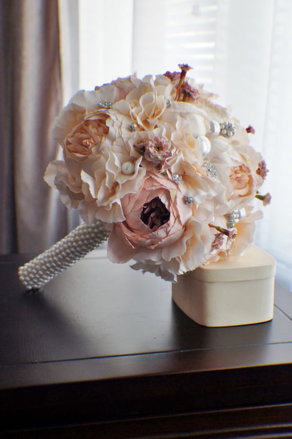 Peony Bridal Bouquet, Silk Wedding Flowers, Brooch Bouquet, Pink