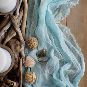 Boho Hochzeit Gauze Tischläufer, Aqua Blau Hochzeit Käsetuch Tischläufer Boho Hochzeit Tischdekoration Sand Tischläufer Aisle Zeremonie Dekor