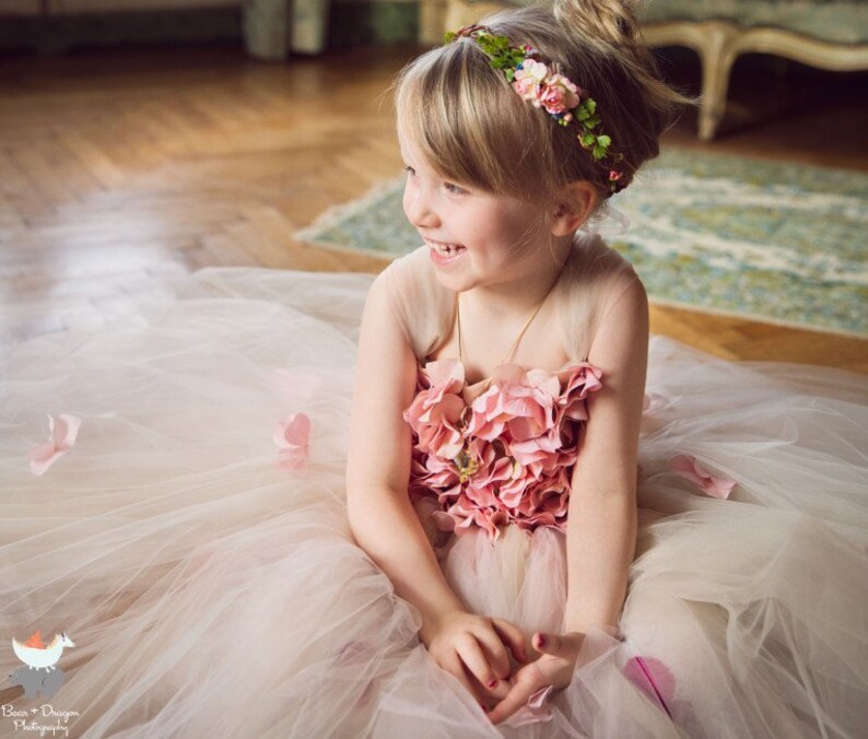 Pink Champagne tutu dress hydrangea top toddler tutu dress Cascading flowers flower top Flower girl dress Pink Champagne Dress