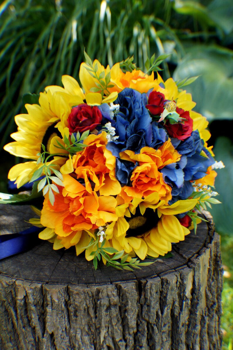 SALE Wedding Bouquet, Ready to Ship Sunflower Bridal Bouquet, Silk Wedding Flowers, Red Yellow Blue Bouquet, Vintage Wedding, Wedding Bride image 3