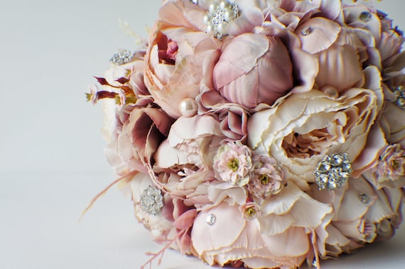 Peony Bridal Bouquet, Silk Wedding Flowers, Brooch Bouquet