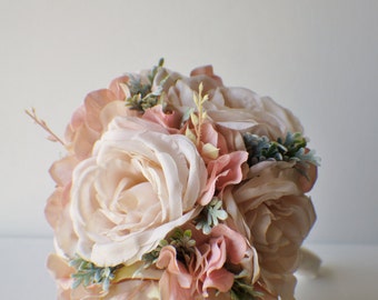 Silk Wedding Bouquet,  Silk Bride Bouquet, Champagne Roses, Blush Hydrangeas, Vintage Inspired Rustic Wedding, Bridesmaid Bouquet